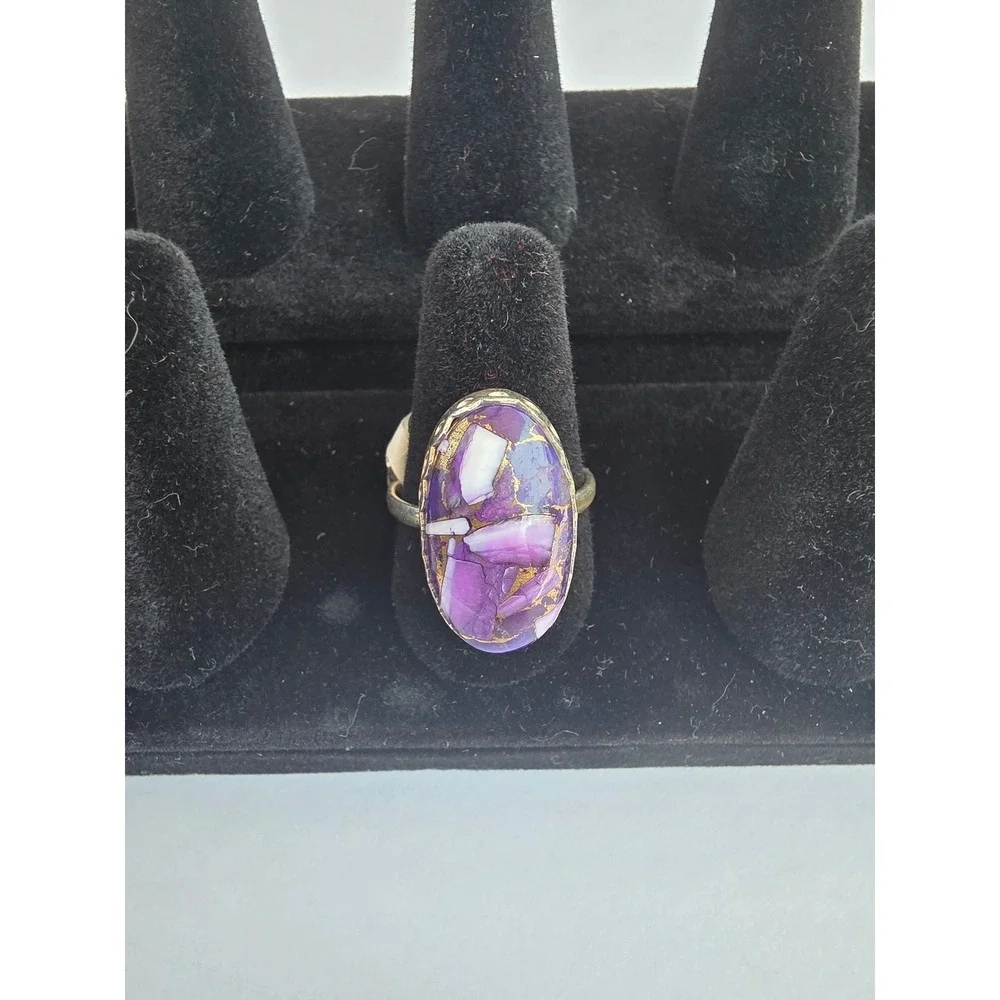 Sterling Silver Purple Copper Turquoise Mosaic Scalloped Oval Statement Ring 925